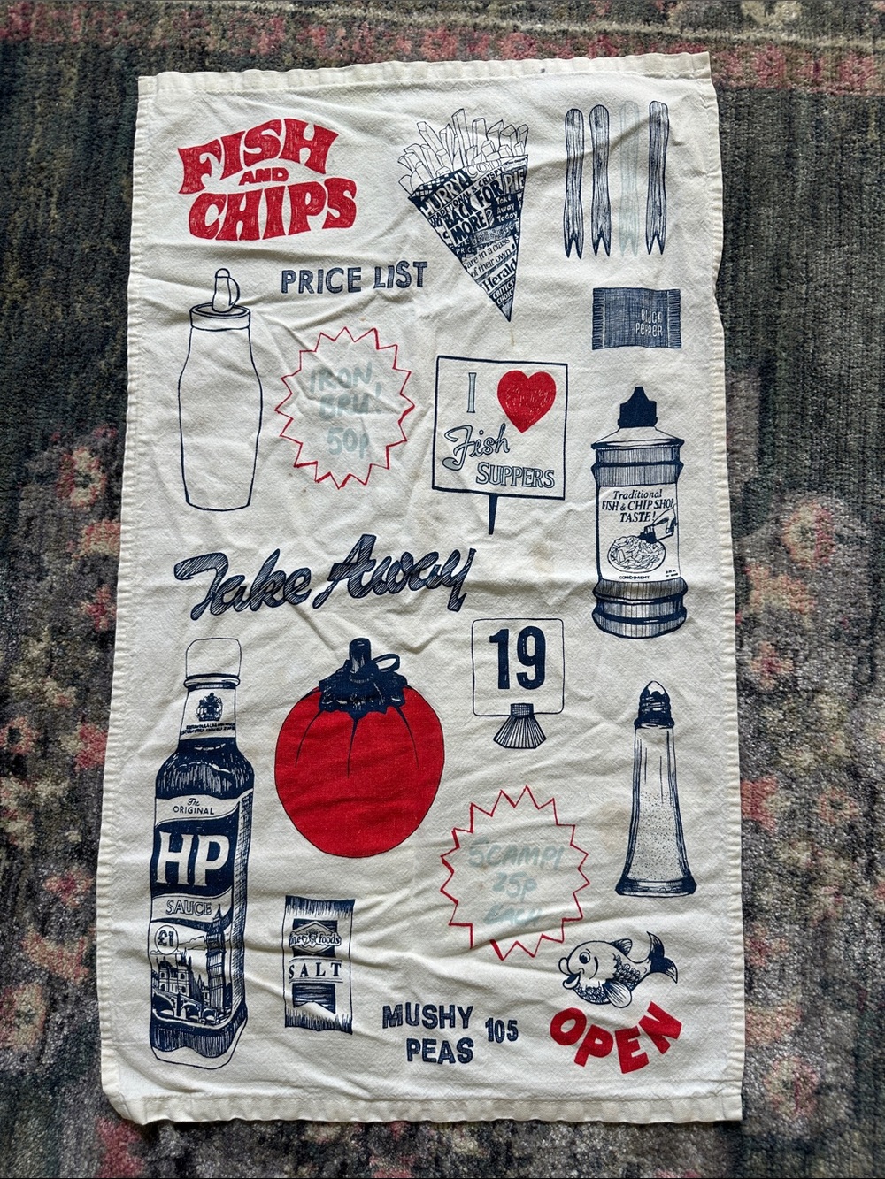 Vintage Scottish Fish and Chips Takeaway Graphic Tea Towel - Red & Navy Blue
